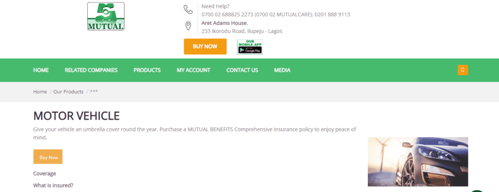 Protect Your Ride: A look at Nigeria's Top Vehicle Insurance Providers An image of Motor vehicle insurance product page from Mutual Benefits Assurance Plc