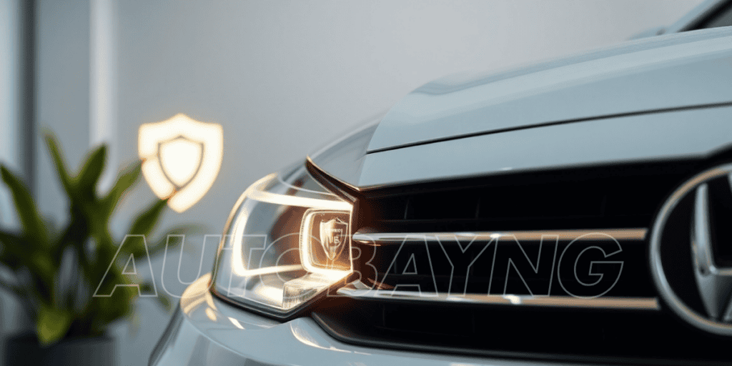 A well-maintained car with a glowing shield icon in the background indicating importance of vehicle insurance