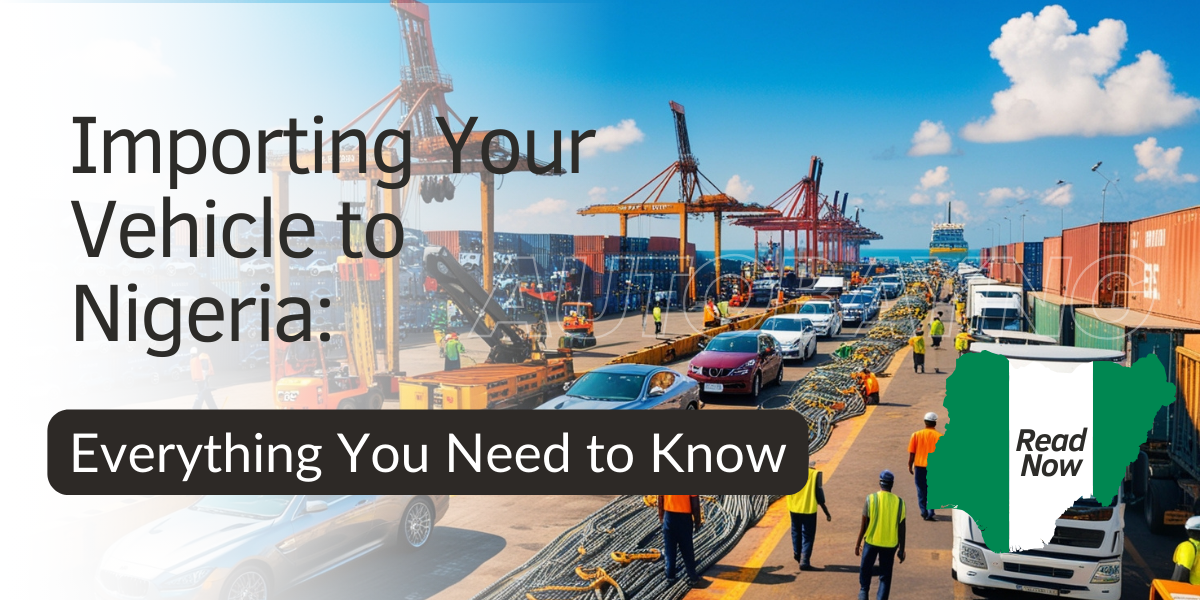 Image of bustling Nigerian port with cargo containers and cars being offloaded, symbolizing the arrival of imported vehicles awaiting customs clearance.
