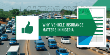 A busy Nigerian road with cars and buses, overlaid with a semi-transparent insurance policy document, highlighting the importance of vehicle insurance in Nigeria.